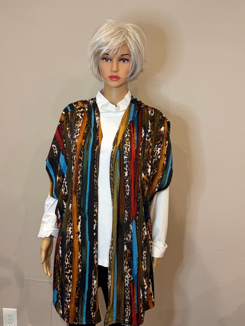 Open-Front Striped & Animal Print Knit Sweater - Teal/Rust/Black